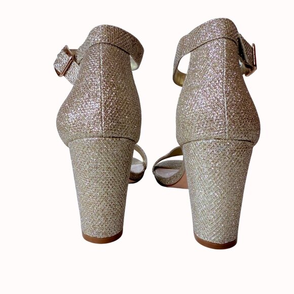 Gold Glitter Block Heel Sandals Size 8 Ankle Strap Open Toe Formal Party Shoes - Picture 5 of 14